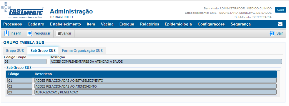 Imagem da Tela de SubGrupo SUS